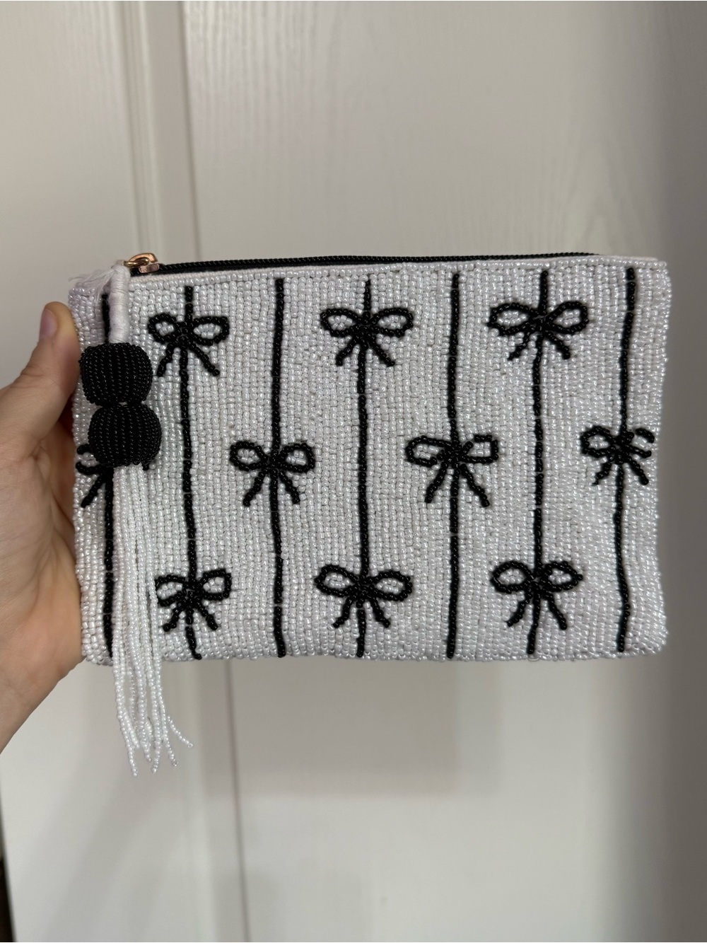 T.J.Maxx White Beaded Bow Zip Pouch with Black Tassel